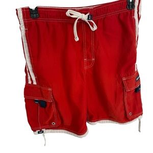 Abercrombie & Fitch Y2K Mens Red Cargo Board Shorts Size 34 Surf Beach Lined